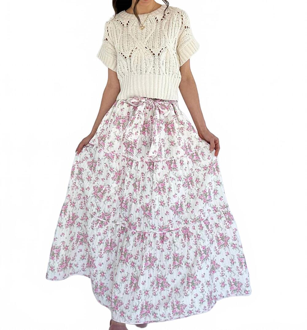NEW PEACH LOVE ditsy flower maxi skirt in off white/pink